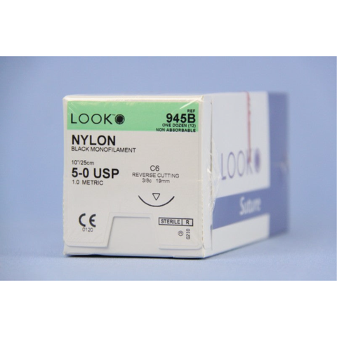 Nylon Suture with C6 Needle (RC), 18 mm 3/8 Circle, Black Monofilament, 10"/25 cm, # 5-0, 12/Pk, 945B
