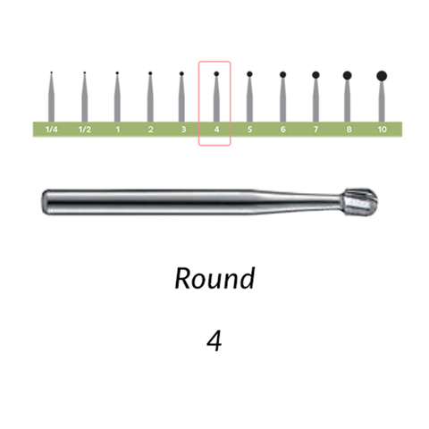 Carbide Bur, RA, # 4, Round, 1.4 mm, 10/Pk, RA4-10