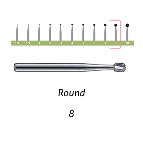 Carbide Bur, RA, # 8, Round, 2.3 mm, 10/Pk, RA8-10