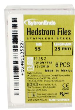 Sybron Endo, Hedstrom Files, Stainless Steel, 25 mm, # 55, Red, 6/Pk, 11352
