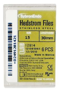 Sybron Endo, Hedstrom Files, Stainless Steel, 30 mm, # 15, White, 6/Pk, 12814