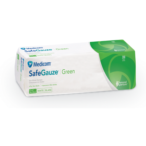 SafeGauze Organic Non-Woven Sponges, with Diamond Aperture, Non-Sterile, 4-Ply, 4" x 4", Green, 2000/Pk, 4744