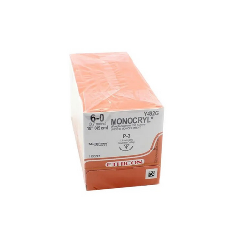 Suture Monocryl Undyed P3 6-0 18" 12/Bx, Y492G, Surgical Products, Sutures