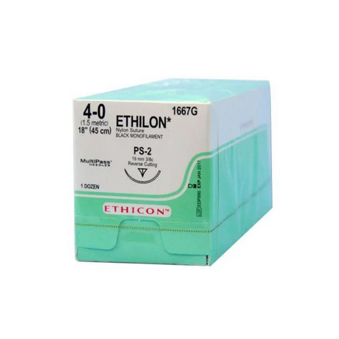 Ethilon Nylon Sutures Black Monofilament PS-2 4-0 18" 12/Bx, 1667G