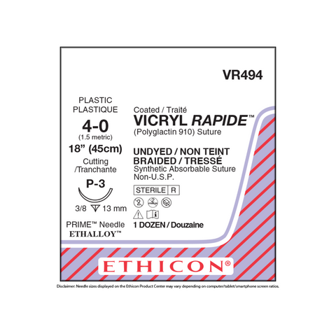 Suture Vicryl Rapide Polyglactin 910 4-0 18" Undyed Braided P-3 12/Box, VR494