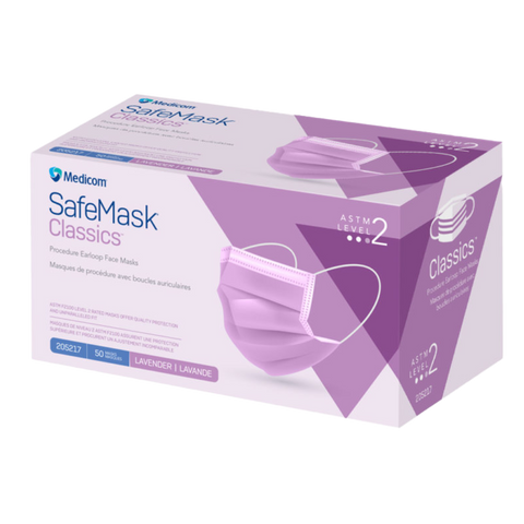 SafeMask Classics Earloop Masks, Level 2, Lavender, 50/Bx, 205217