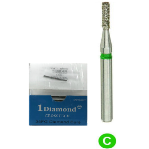 1Diamond, Sterile, Single-Use, Diamond Burs, FG, Flat End Cylinder, Coarse, Green, 1.2 mm, 1-835-012C, 25/Pk
