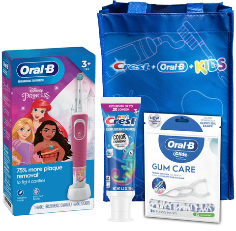 P&G - Oral-B Electric Toothbrush & Brush Head (Disney Princess Moana); Kid's Crest Advanced Color Changing Toothpaste, Bubble Gum (4.2 oz); Oral-B Glide Gum Care Floss Picks (30 ct); FREE Kids Bag. 3/cs (Old #s 80347216, 83529416)