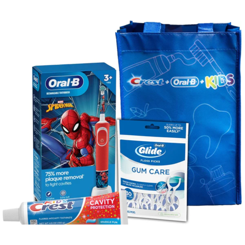 P&G - Oral-B Electric Toothbrush & Brush Head (Spiderman); Kid's Crest Advanced Color Changing Toothpaste, Bubble Gum (4.2 oz); Oral-B Glide Gum Care Floss Picks (30 ct), FREE Kids Bag, 3/cs (Old #s 80347217, 83529417)
