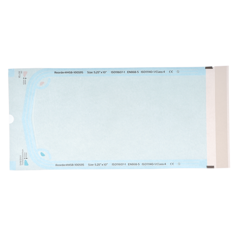 Sterilization Pouch, Class 4, Self-Sealing, Blue Film, 5.25" x 10", Bulk Pack, 500/Pk, 100595