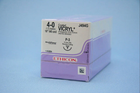 4-0 Coated Vicryl Sutures with P-3 Needle 18" 12/Pk, J494G, Surgical Products, Sutures