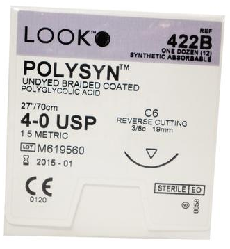 PolySyn Polyglycolic Acid Suture with C6 Needle (RC), Undyed Braided, 27", # 4-0, 12/Pk, 422B