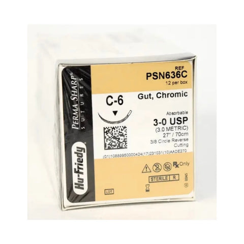 Perma Sharp Suture, Chromic Gut, Absorbable, C-6, 3-0, 27", 12/Pk, PSN636C