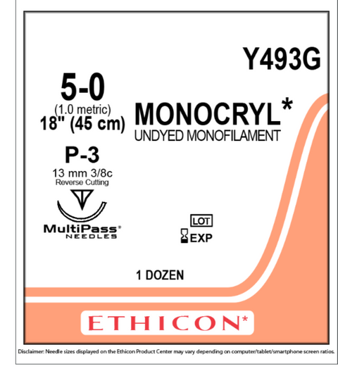 5-0 Monocryl Monofilament with P-3 Needle, 12/Pk, Y493G