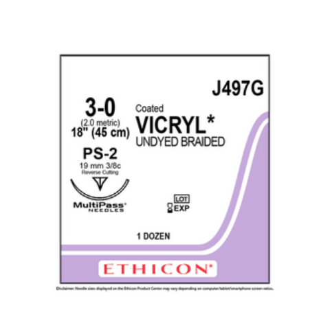 3-0 Coated Vicryl Sutures with PS-2 Needle 12/Pk J497G, J497G, Surgical Products, Sutures