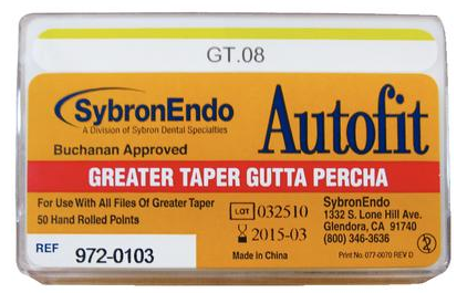 Autofit Greater Taper Gutta Percha Points, Hand-Rolled, 0.08 Taper, Yellow, 50/Pk, 972-0103