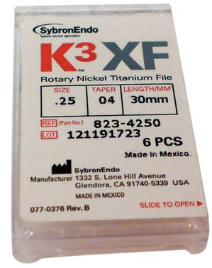 K3XF, Rotary Files, NiTi, 21 mm, .04, Taper, # 25, Red, 6/Pk, 823-4251