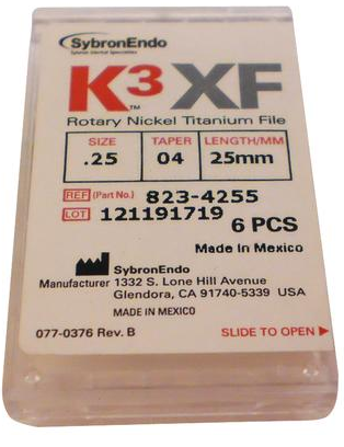 K3XF, Rotary Files, NiTi, 25 mm, .04, Taper, # 25, Red, 6/Pk, 823-4255